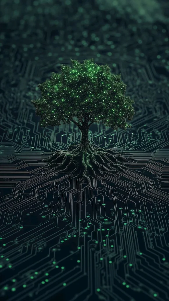 Árbol con copa y raíces luminosas creciendo sobre una placa de circuito: lo orgánico y lo artificial creciendo juntos.
